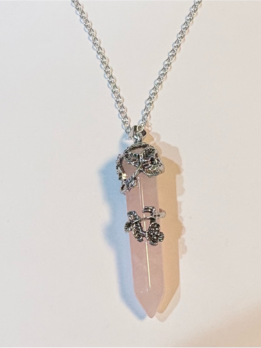 Rose Quartz Healing Flower Wrapped Crystal Pendant Necklace.